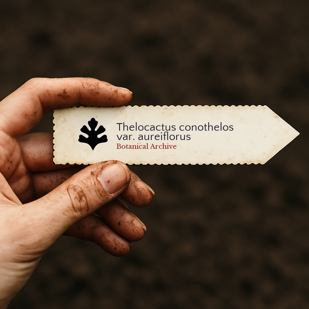 Printed plant label for Thelocactus conothelos var. aureiflorus held by dirty hand over soil background