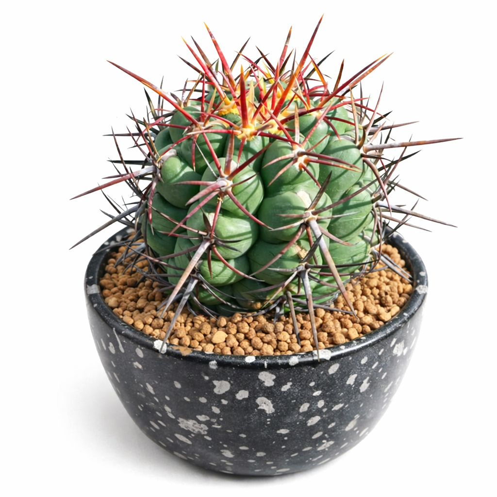 Thelocactus heterochromus var. longispinus suculento cactus con largas espinas rojas y marrones en maceta negra