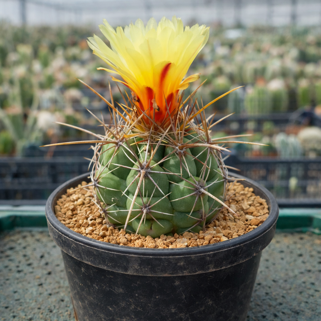 Cactus Thelocactus leucacanthus con flor amarilla y naranja y espinas largas en maceta negra