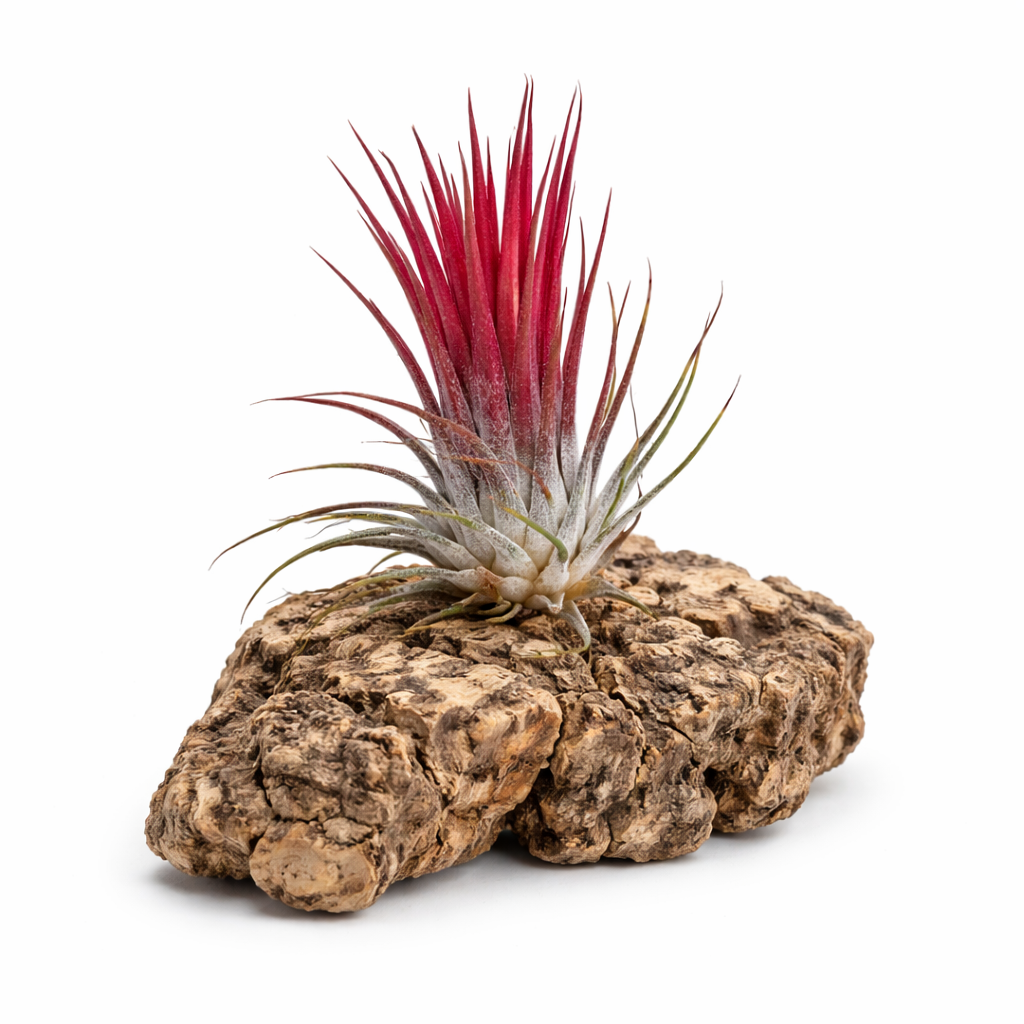 Tillandsia ionantha 'Red' seltene Luftpflanze mit leuchtend roten Blättern auf Korkrinde