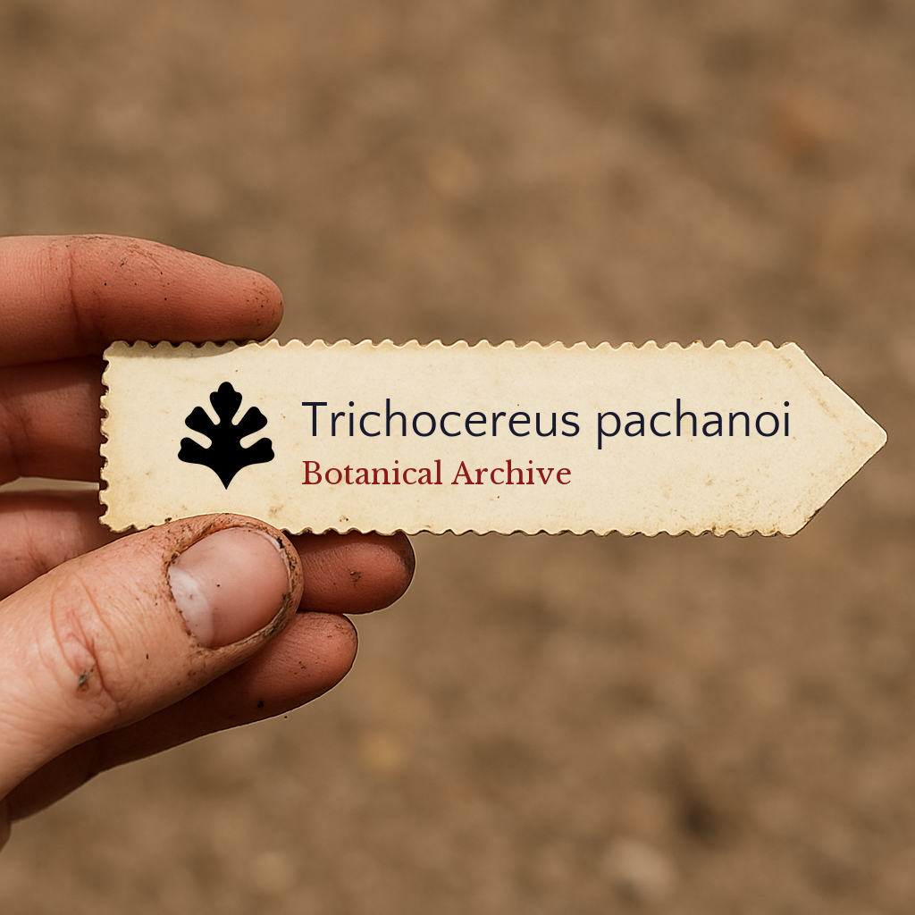 Printed plant label for Trichocereus pachanoi held by hand with dirt background