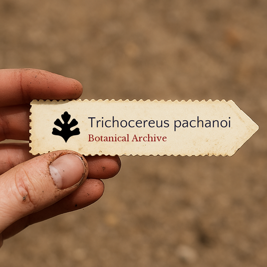 Printed plant label for Trichocereus pachanoi held by hand with dirt background