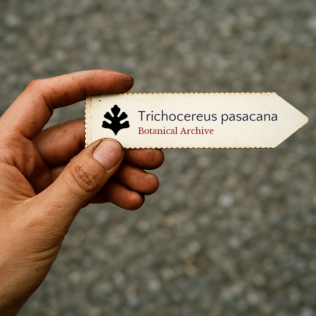 Printed plant label for Trichocereus pasacana held by hand with dirt background