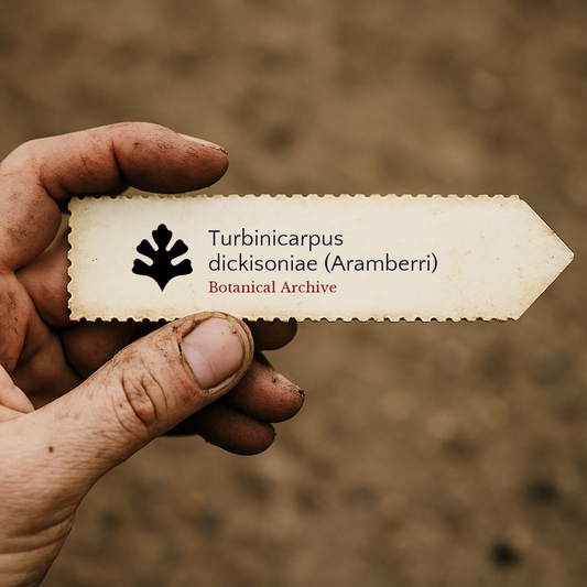 ملصق نبات مطبوع لنبات توربينيكاربوس ديكيسونياي (أرامبيري) ممسك باليد مع خلفية ترابية