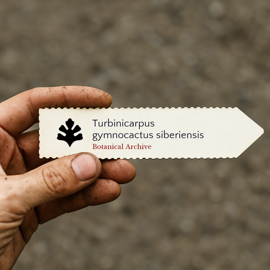 علامة نبات مطبوعة لنوع تربينيكاربوس جمنوككتوس سيبيريينسيس ممسوك بيد مع خلفية ترابية