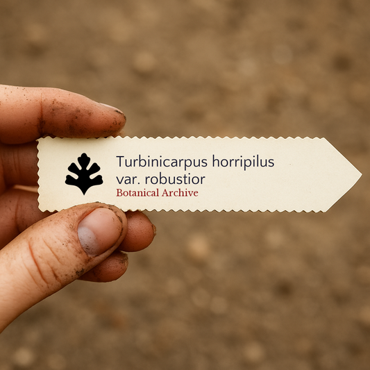 بطاقة نبات مطبوعة لـ توربينيكاربوس هورريبيلوس صنف روبوستيور ممسوك بيد متسخة في الهواء الطلق