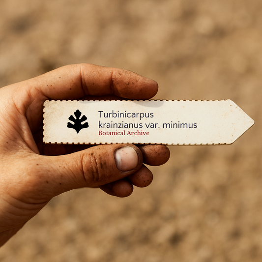 علامة نبات مطبوعة لنبات تربينيكاربوس كراينزيانوس صنف مينيماس ممسوك بيد متسخة في الهواء الطلق