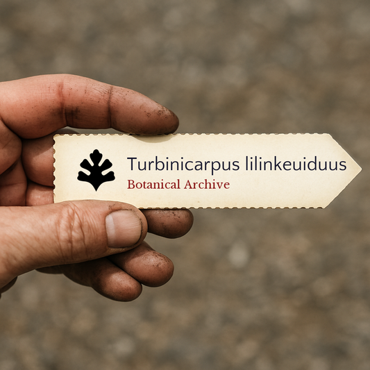 بطاقة نبات مطبوعة لنبات توربينيكاربوس ليلينكويدوس ممسوك بيد متسخة في الهواء الطلق