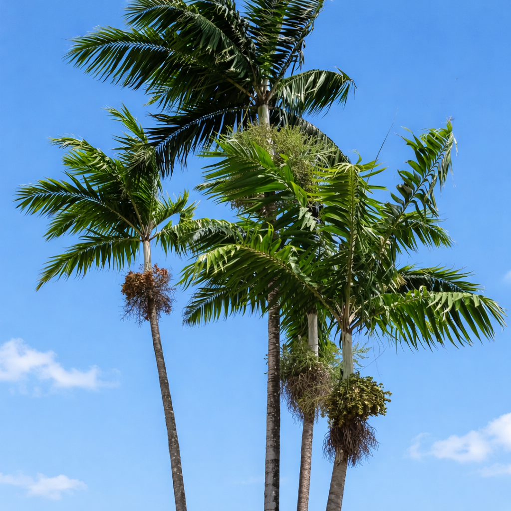 Veitchia joannis tall palm trees with feathery green fronds against blue sky