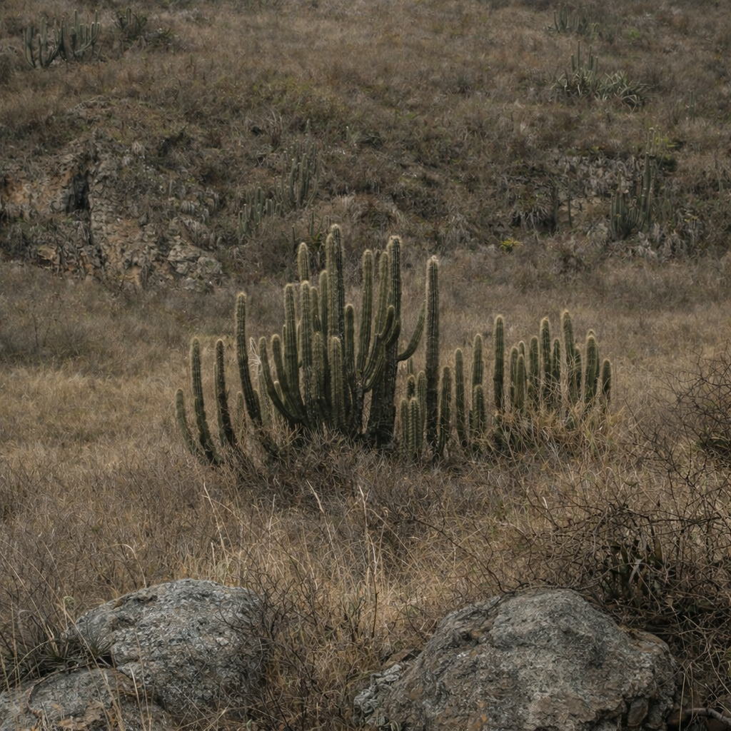 Weberbauerocereus winterianus høy søylekaktus med torner i tørt steinete habitat