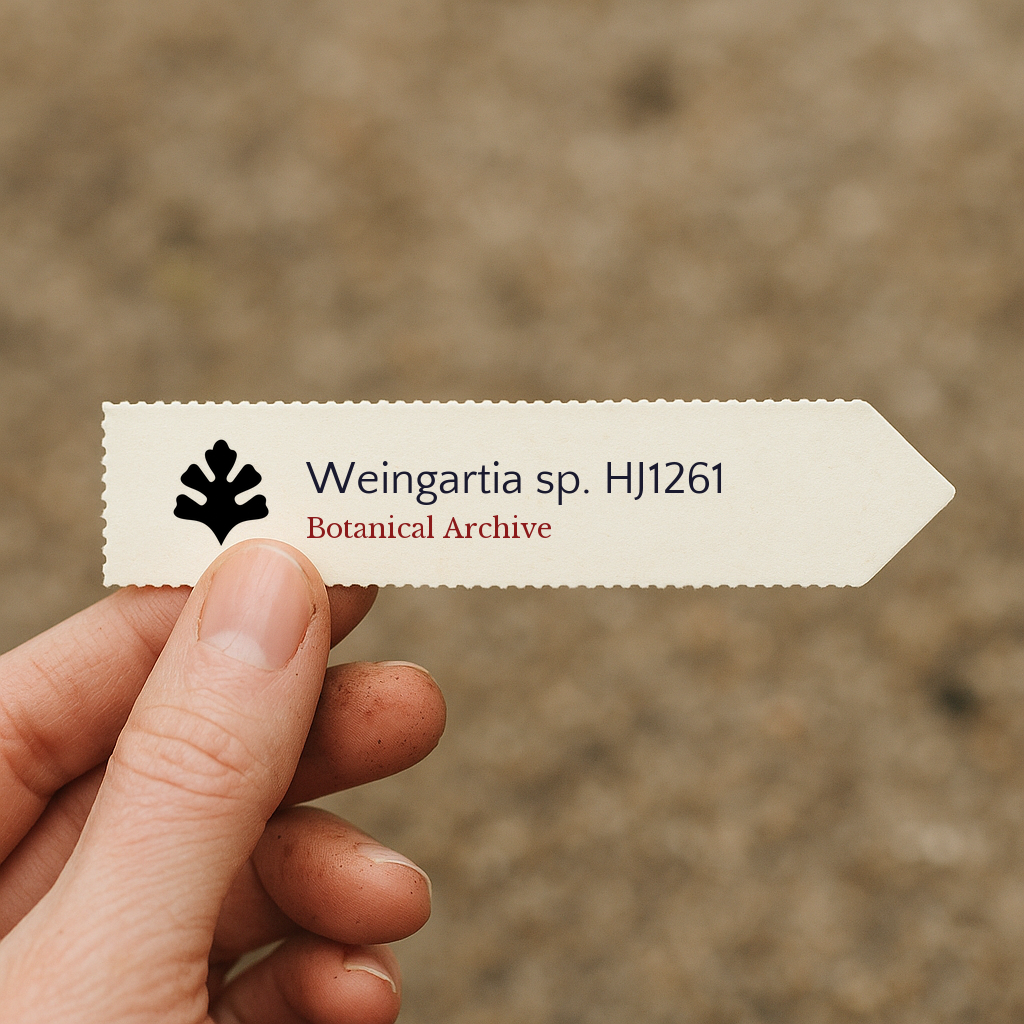 Trykt planteetikett for Weingartia sp. HJ1261 holdt i hånden med uskarp bakgrunn