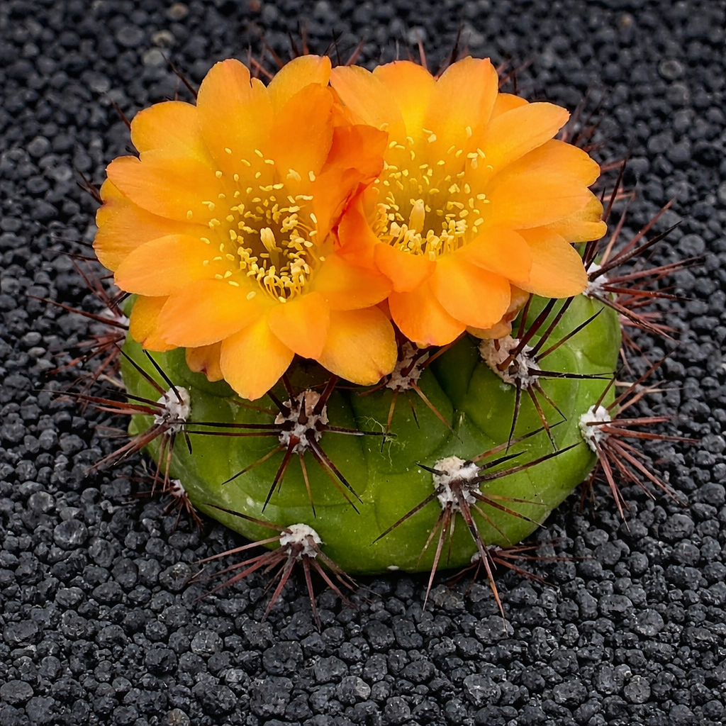 ワインガルティア・カルグリアナ 小さな緑色のサボテン 明るいオレンジ色の花と長い棘付き