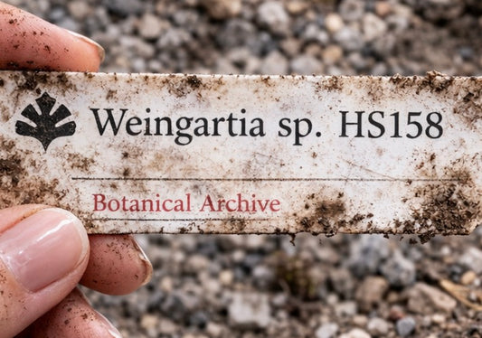 Etiqueta de planta impresa para Weingartia sp. HS158 sobre fondo de suelo de grava