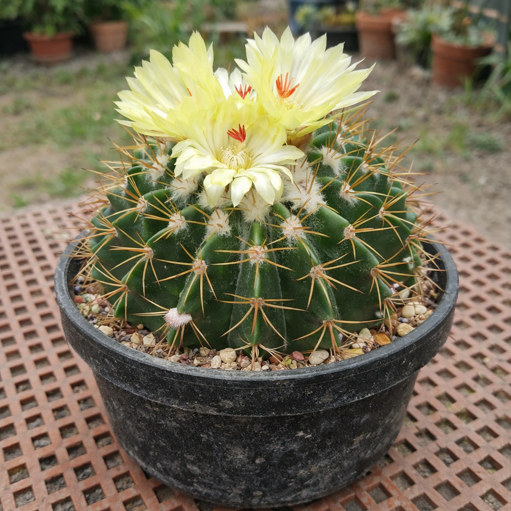 Wigginsia pulvinata-kaktus med gule blomster i svart plantepotte på metallbord