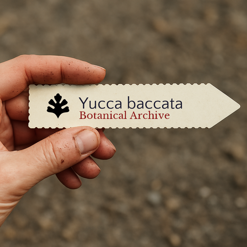 Bedrukte plantenlabel voor Yucca baccata, vastgehouden in de hand boven een bodemachtergrond