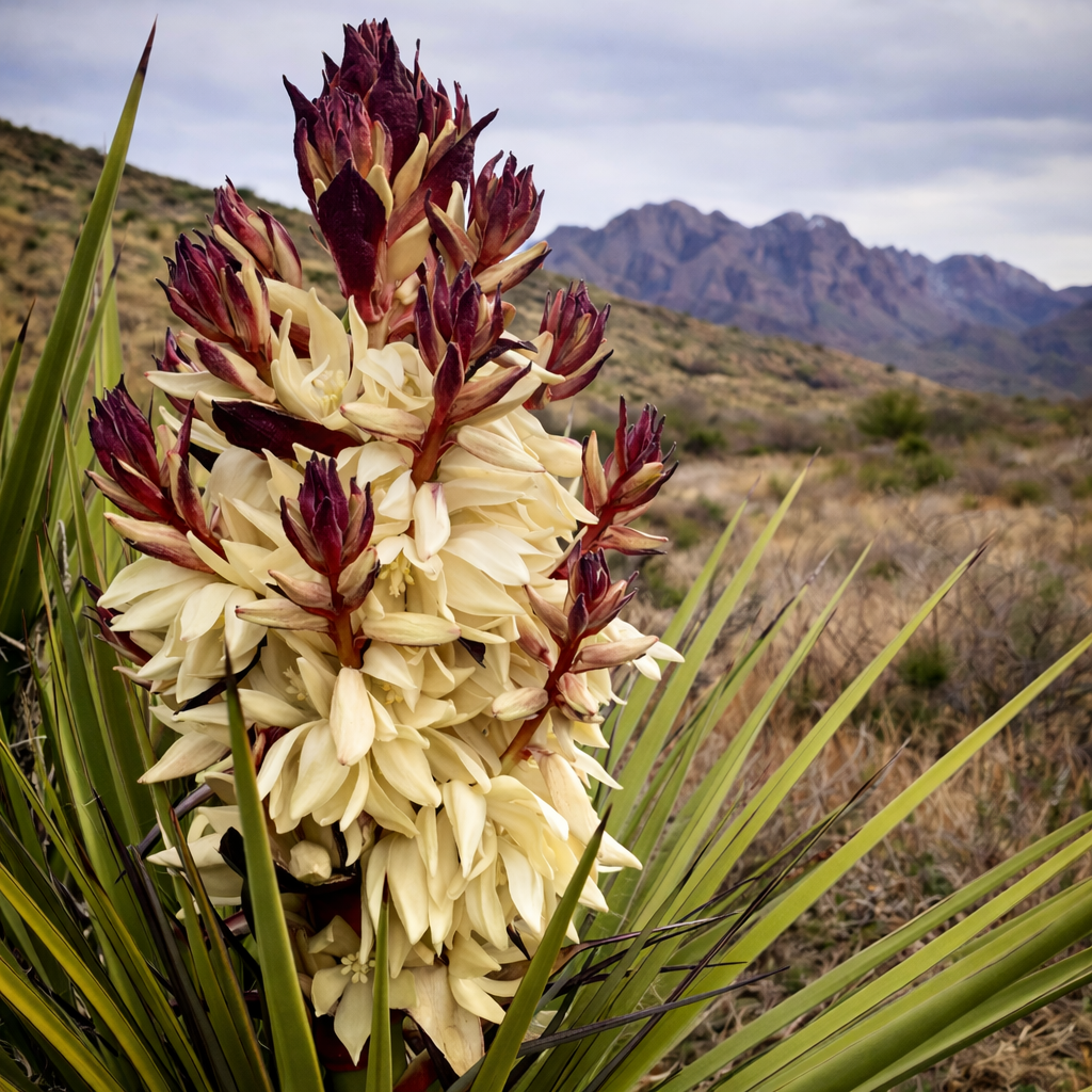 Yucca torreyi large cream and burgundy flowering spike with spiky green leaves in desert